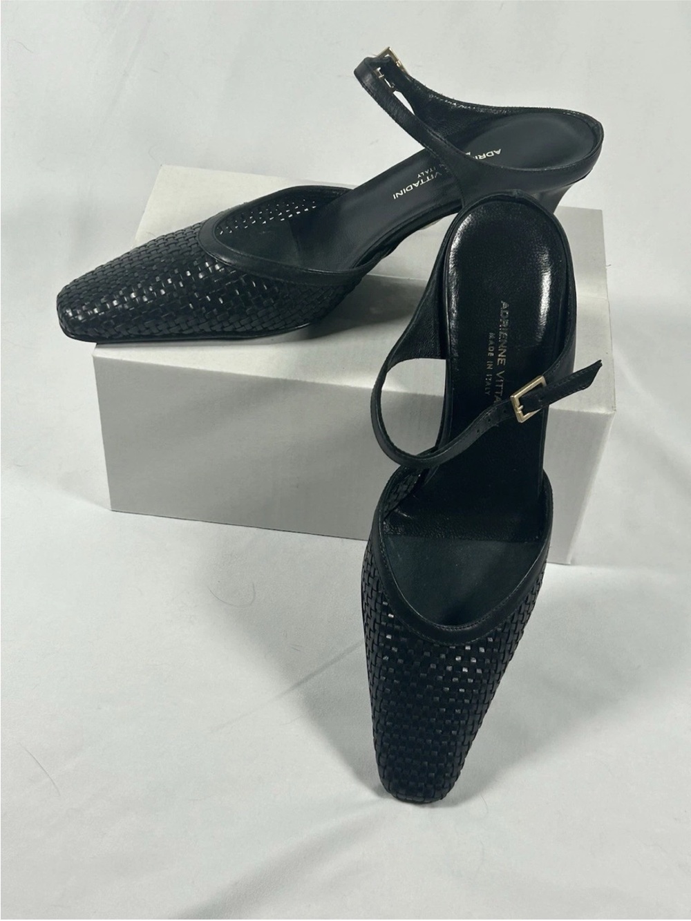 NWT Adrienne Vittadini Black Woven Slingback Mules with Gold Buckle